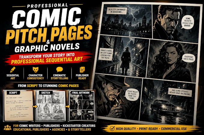 create noir comic pitch pages, sequential art and educational graphic novels