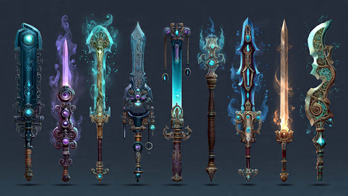design unique sword, axe, medieval weapon, spear