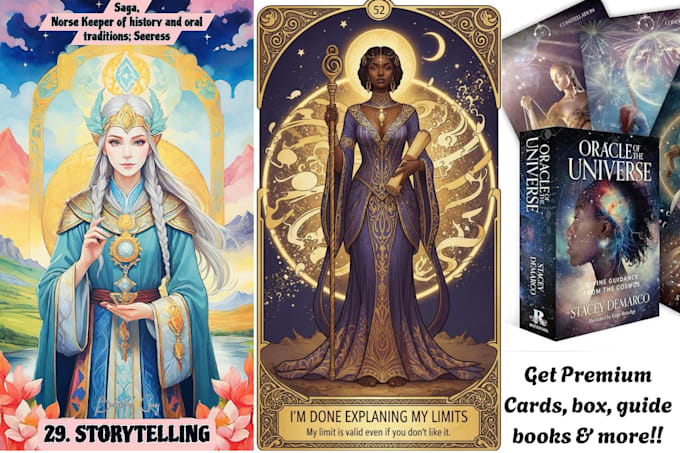 design premium tarot oracle deck, tcg cards, box, guidebook or illustration