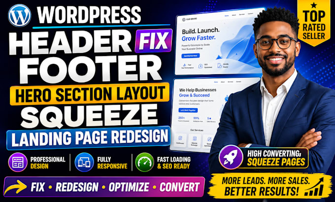 fix wordpress header footer hero section layout squeeze landing page design