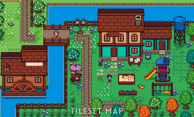 create 2d top down pixel art tileset rpg game map art character asset tile map