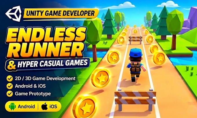 develop a hyper casual or endless runner mobile game in unity 2d or 3d