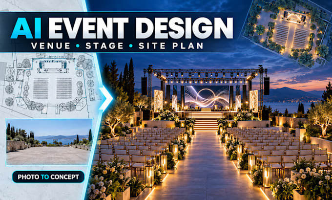 create ai event stage design, venue layout and realistic site plan visualization