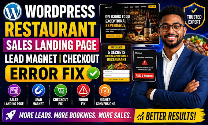 redesign wordpress restaurant sales landing page lead magnet checkout error fix