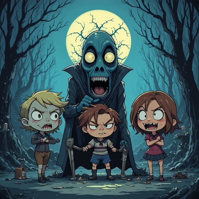 draw creepy, horror, cartoon character illustrations