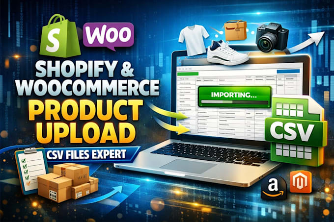 upload shopify, woocommerce products, CSV, data entry, product listing, page fly