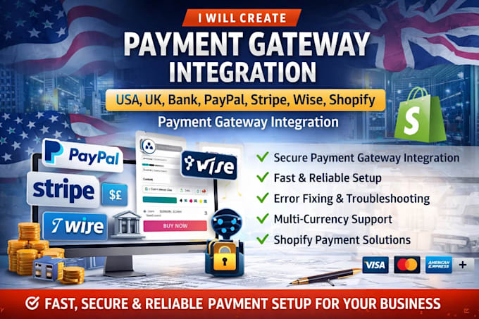 create USA, UK, bank paypal, stripe, wise, shopify payment gateway integration