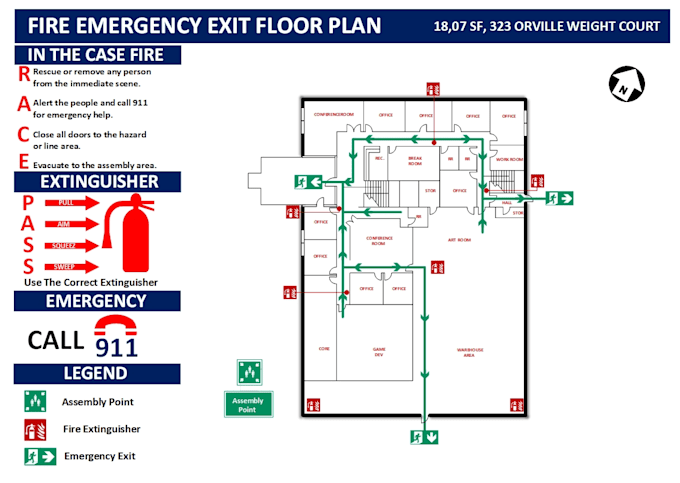 design professional evacuation plan, fire exit plan and safety diagram