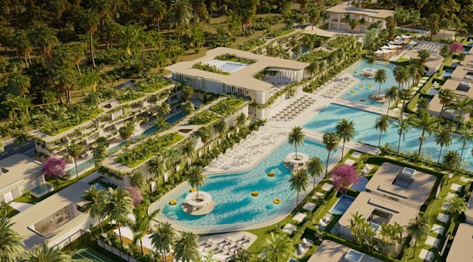 resort design, landscape development, 3d interior render, site plan, hospitality