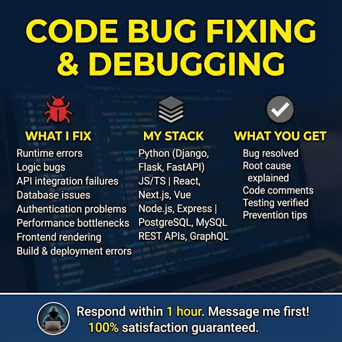 fix bugs and debug your python, javascript, react, or node js code fast