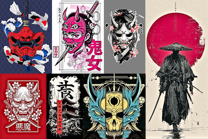Create japanese mask illustration in dark japanese art style by Vince ...