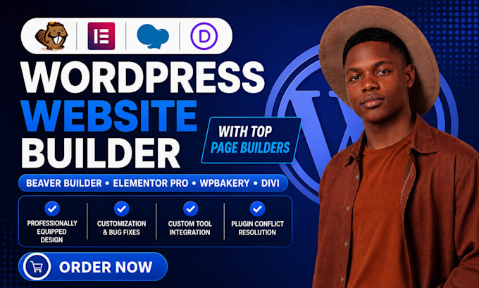 build wordpress website by beaver builder, elementor pro, wpbakery, divi, oxygen