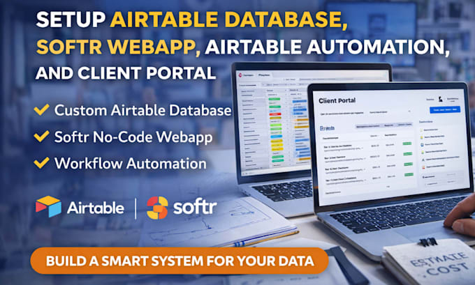 setup airtable database, airtable automation, softr webapp and client portal