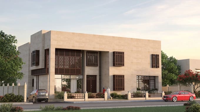 restructure villa facade, low rise apartment 3d design, render masonry building