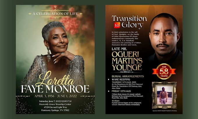 design funeral flyer, program booklet, memorial prayer card, and obituary flyer