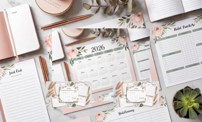 design printable, editable 2026 calendar, feminine journal, planner, tracker pdf