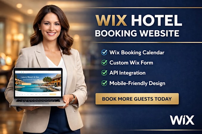 build wix hotel booking webite, wix form, wix booking calender, api integration