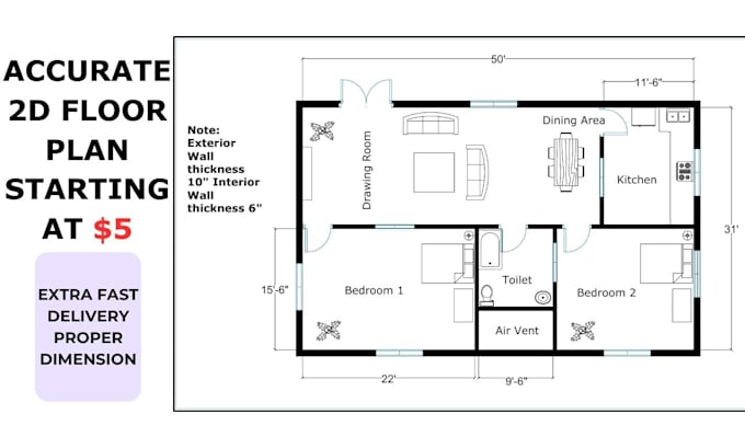 draw a simple residential 2d floorplan in autocad