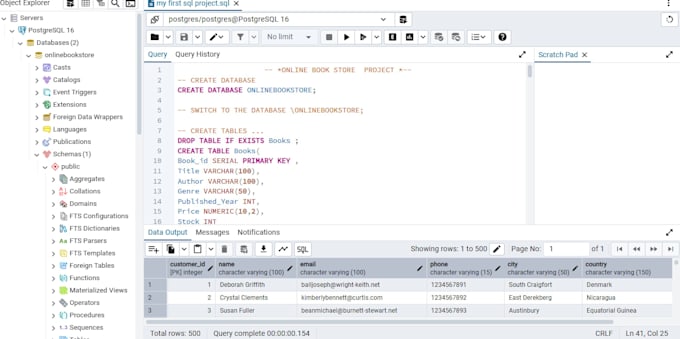 design postgresql database with tables, data and  sql queries