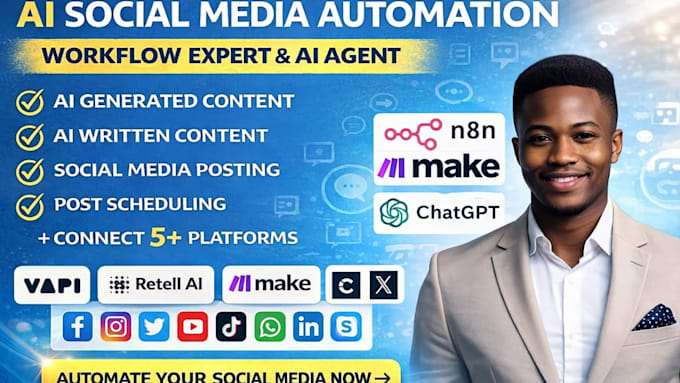 build n8n ai agent or make com social media automation and content autoposting