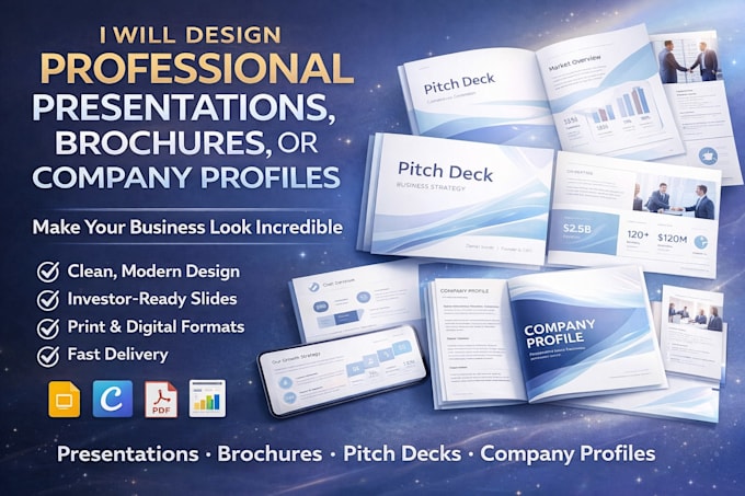 design professional presentations, brochures, or company profiles
