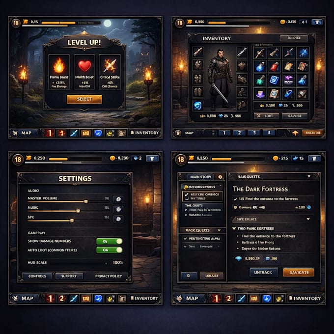 design 2d pc game UI UX interface hud and menu screens