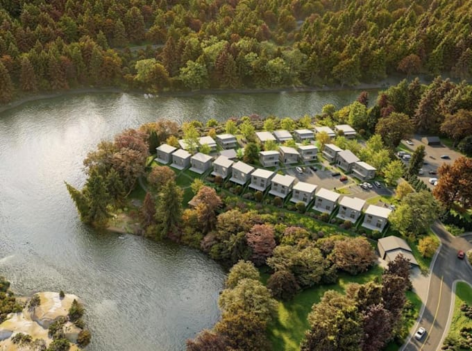 design modern residential area, lakeside landscape,dense forest,urban planning