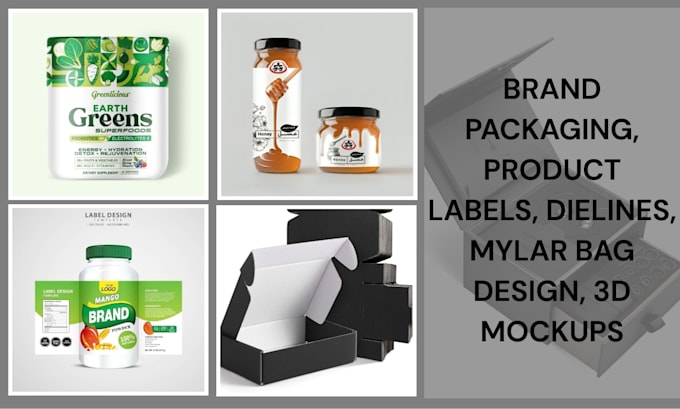 design brand packaging, product labels, dielines, mylar bag design, 3d mockups