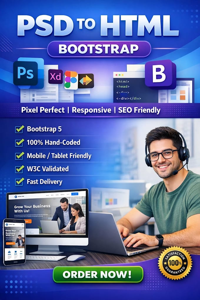 convert PSD to HTML bootstrap website and email templates