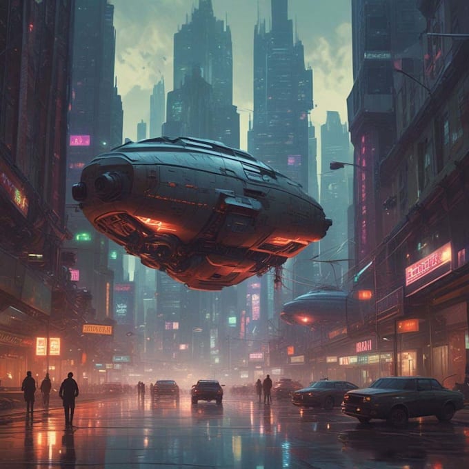 illustrate a futuristic sci fi city or cyberpunk environment