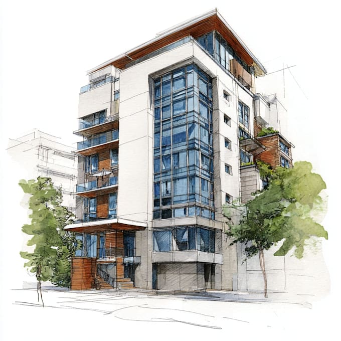 Sketch architecture building with watercolor rendering by ...