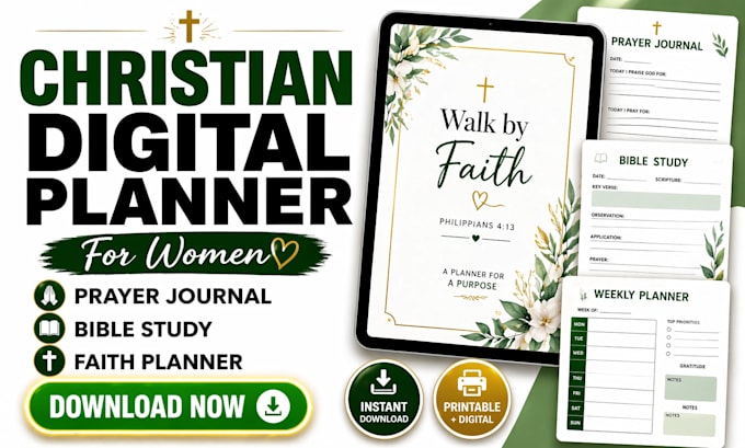 design a women christian digital planner prayer journal and bible study workbook