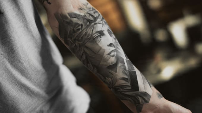 do black and white geometric custom tattoo, monoline logo