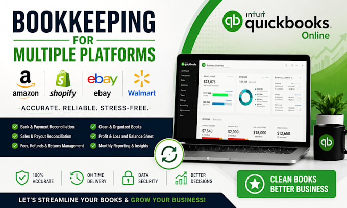 amazon, shopify, ebay bookkeeping in quickbooks online, xero