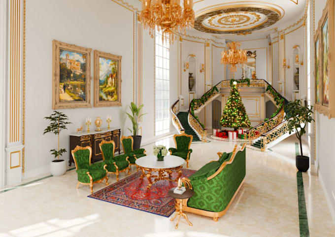Design christmas interior,3d mansion foyer, neoclassic palace hall ...