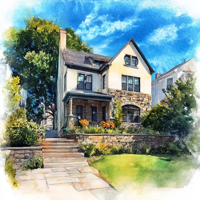 hand paint a watercolor house portrait
