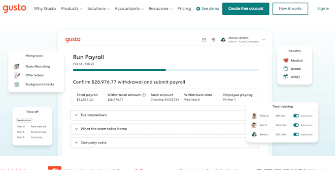 manage gusto payroll processing and employee setup
