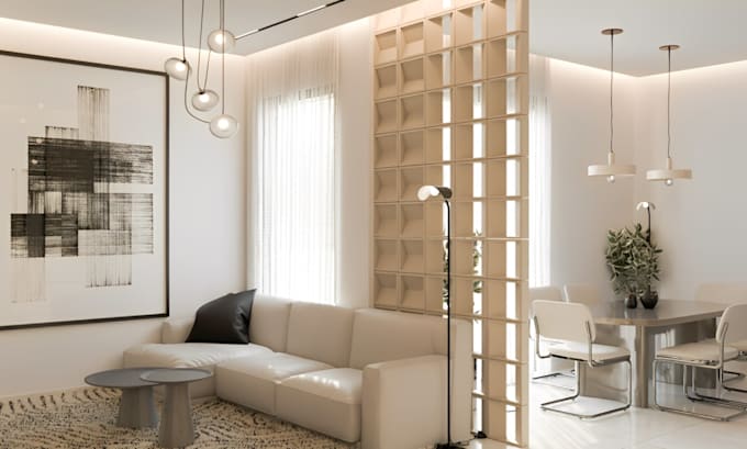 3d living room design, kitchen interior rendering, dining, bedroom design