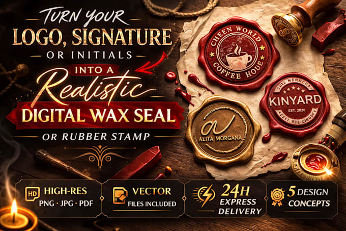 create realistic wax seal, digital stamp and rubber stamps from your logo