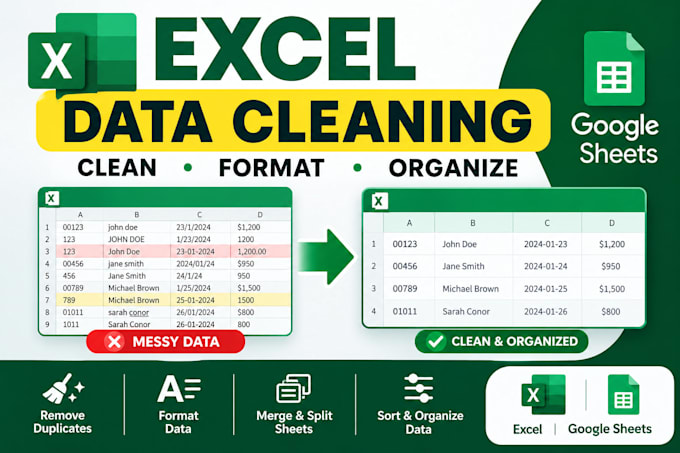 clean, format, merge split, excel data and google sheet