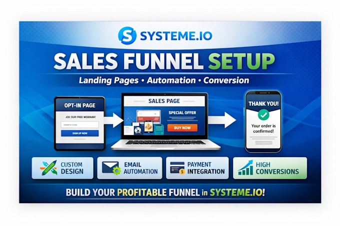 Setup systeme io sales funnel, landing page design in systeme io by ...