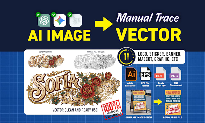vector ai image, vector tracing ai generated logo, design, ready print in 1 hour