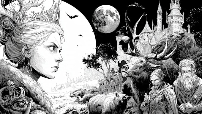 Draw detailed black and white illustration fantasy, scifi, by ...