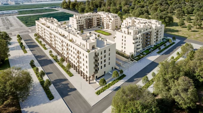 render urban building development, site landscaping, cgi exterior, aerial view