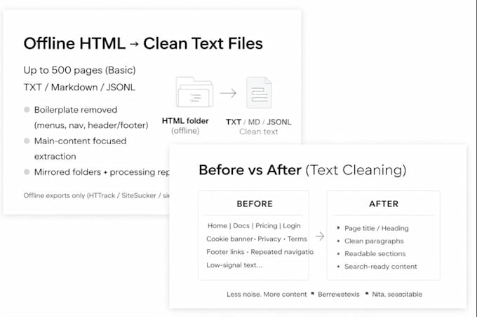 extract and clean offline HTML into structured text files txt MD jsonl