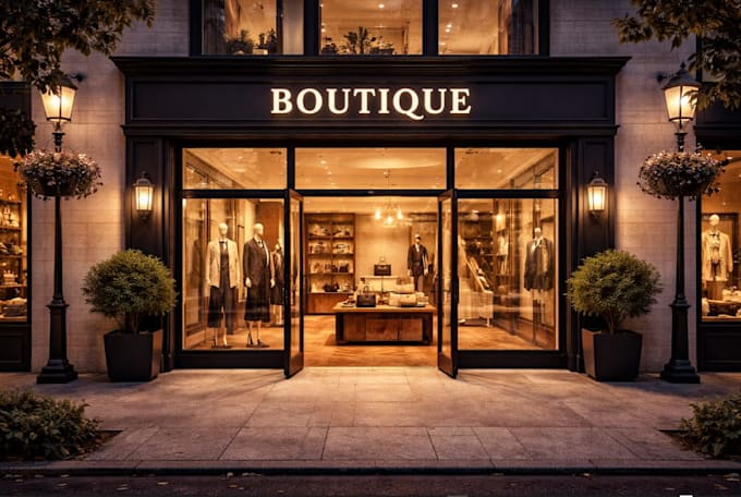 model boutique front, store front, store interior design retail show room render