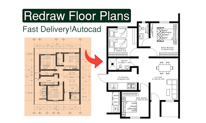 autocad 2d floor plan redraw from PDF, sketch or image