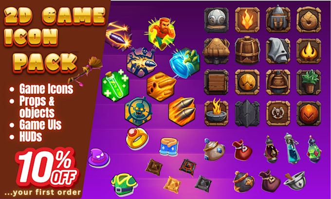 Design 2d game icon, game assets, game ui, props, objects, backgrounds ...