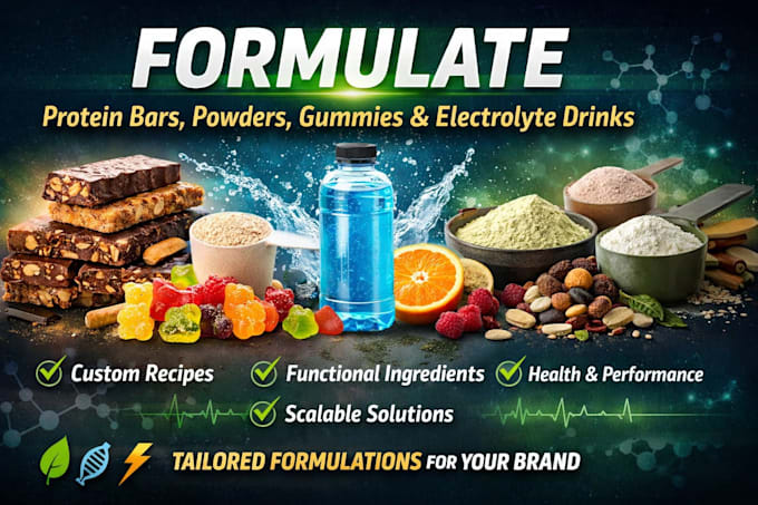 formulate protein bars, powders, gummies, electrolyte drinks or snacks recipes