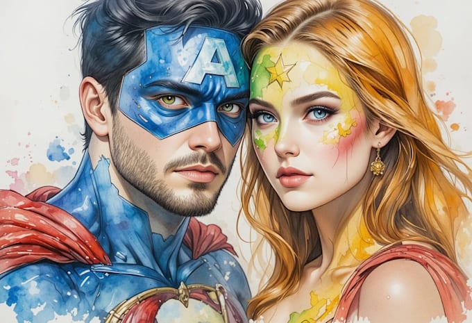 make watercolor super hero couple portrait